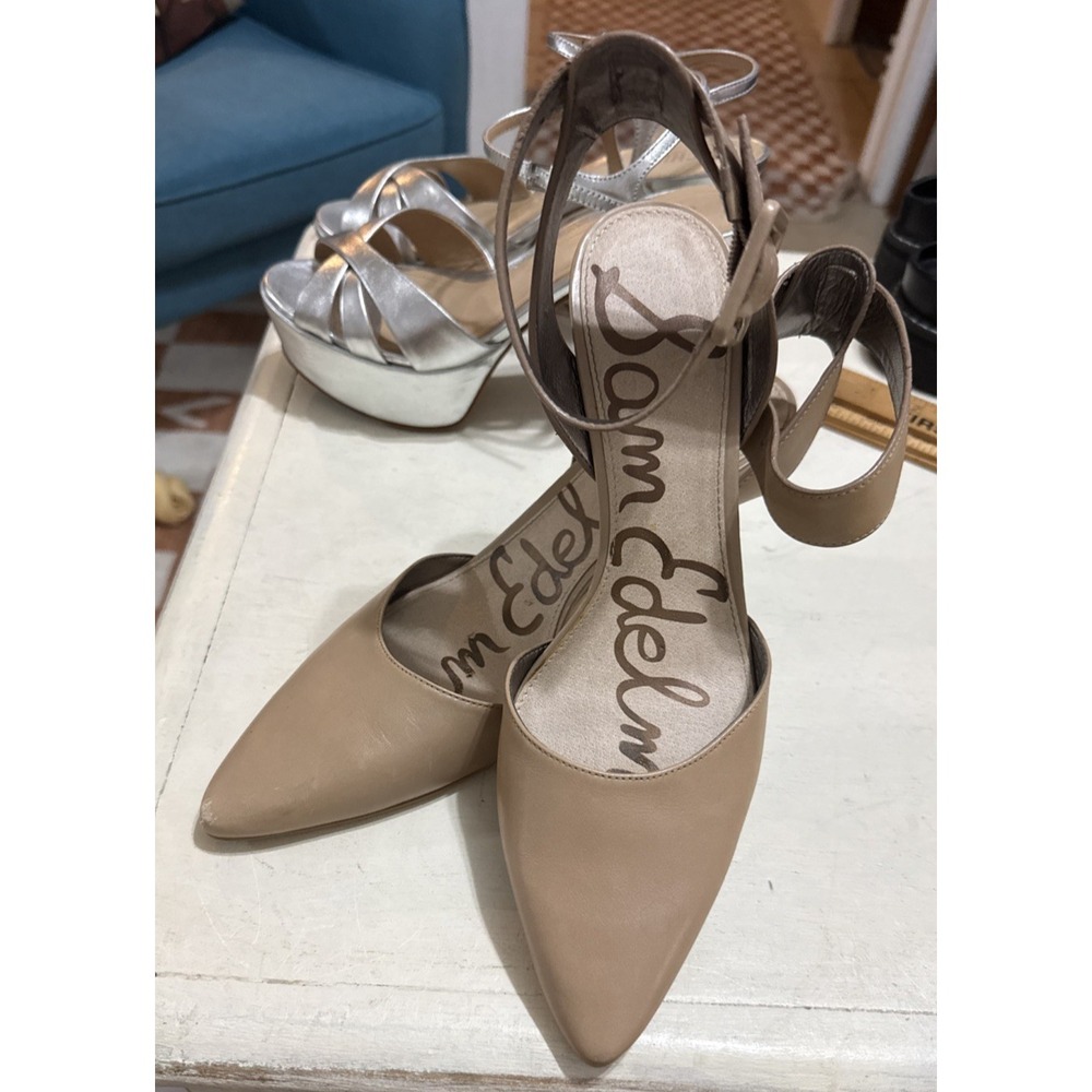 Sam Edelman Nude Leather classic Ankle Strap Stiletto Pumps Pointed Toe 9m